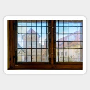 Ruins and tower of castle through vintage stained-glass window Sticker